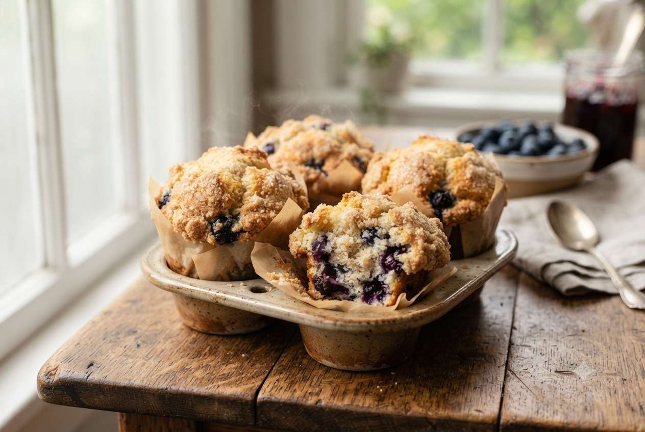 Bakery-style blueberry muffins with tall domed tops