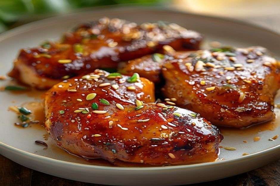 Sticky gochujang glazed chicken thighs with sesame seeds