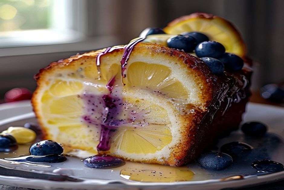 Sliced lemon blueberry loaf with glaze dripping down the sides