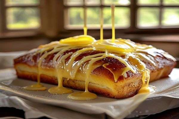 Lemon glaze being drizzled over a loaf