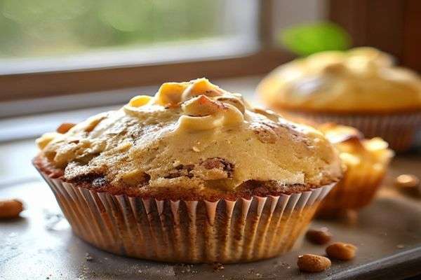 Muffin batter filled high in the tin