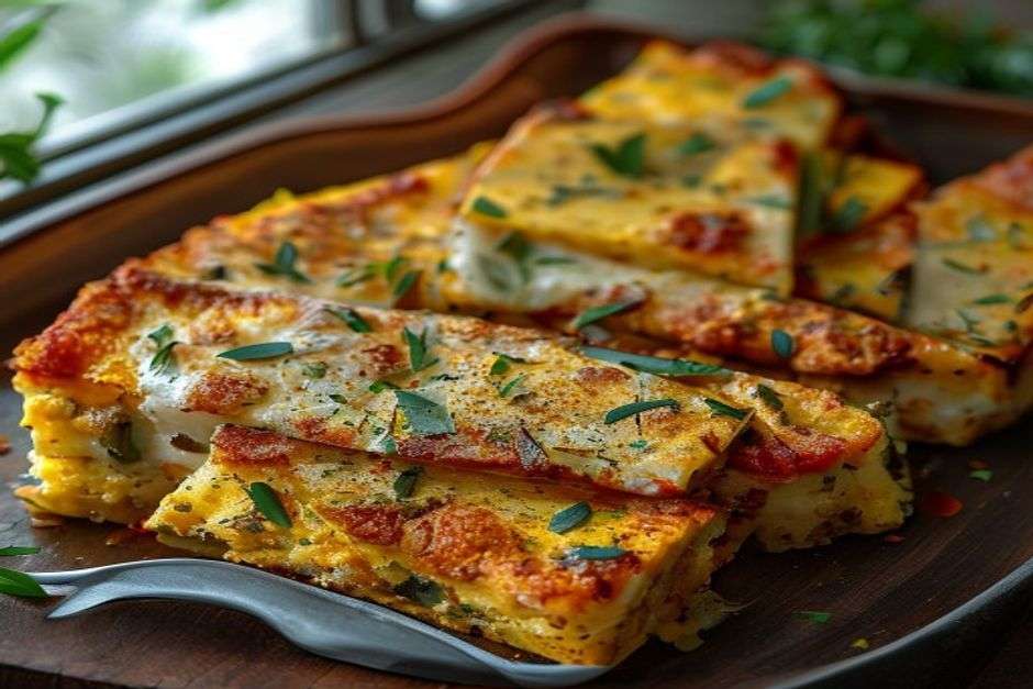 Masala omelette breakfast bake sliced into squares with herbs