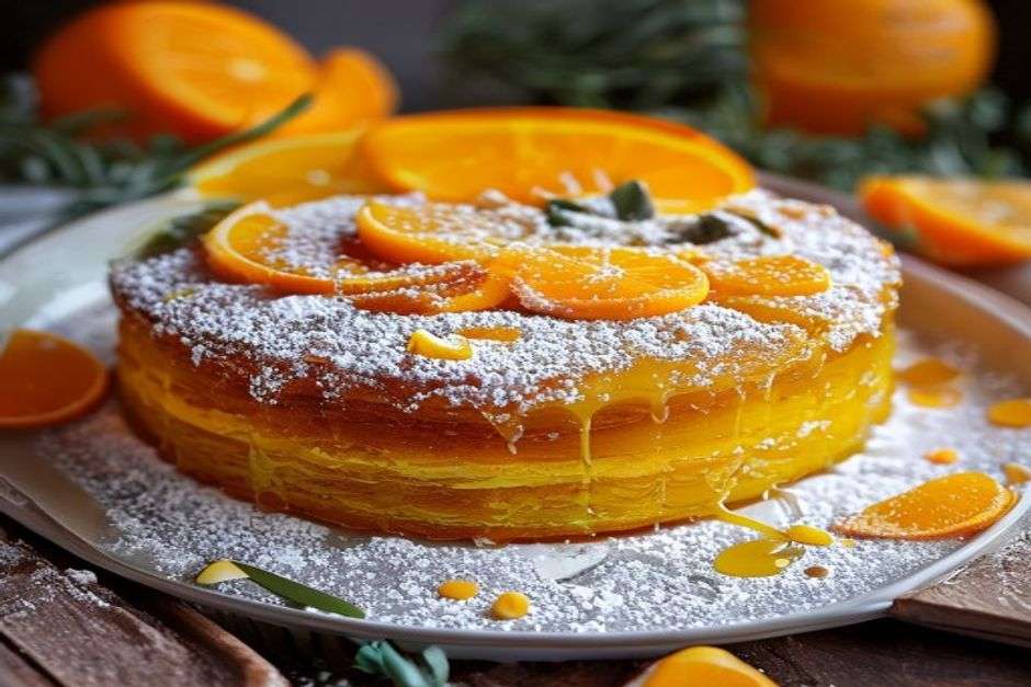 Olive oil orange cake dusted with powdered sugar and orange slices