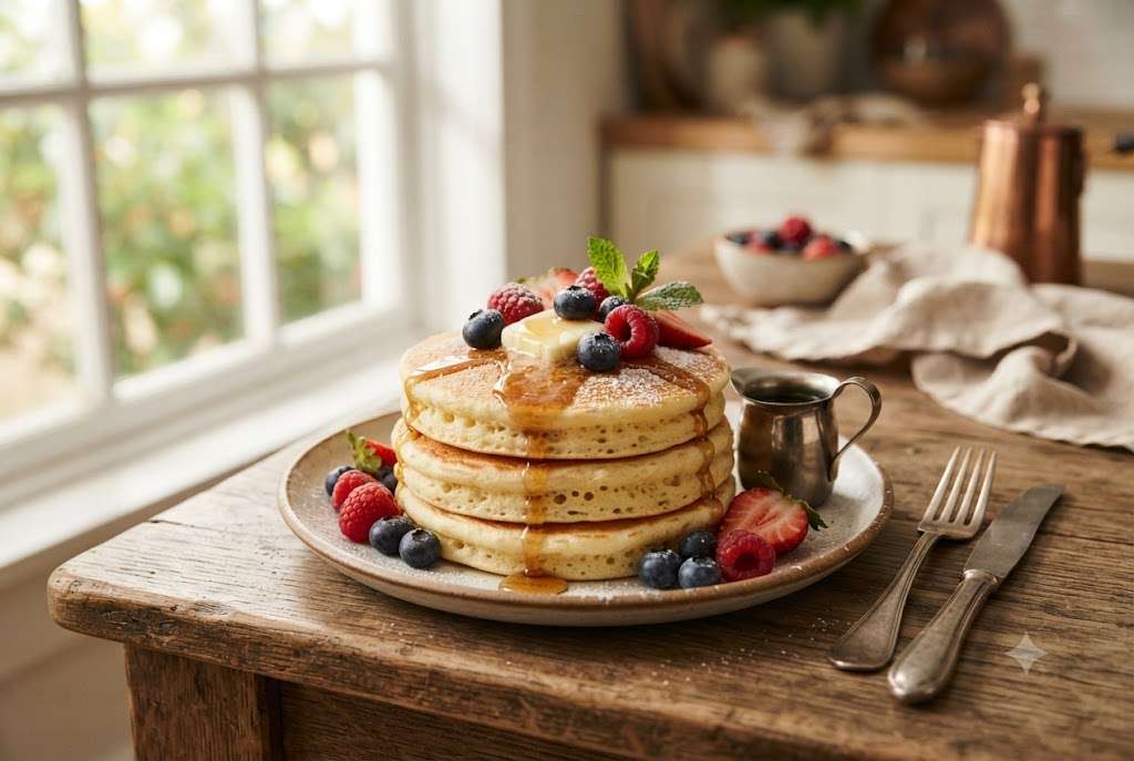 A tall stack of fluffy buttermilk pancakes
