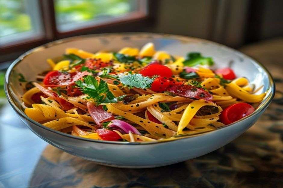 Colourful Italian pasta salad in a bowl