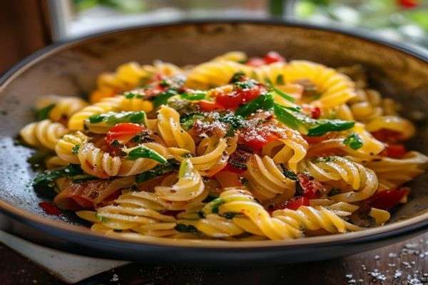 Cooked pasta with chopped vegetables