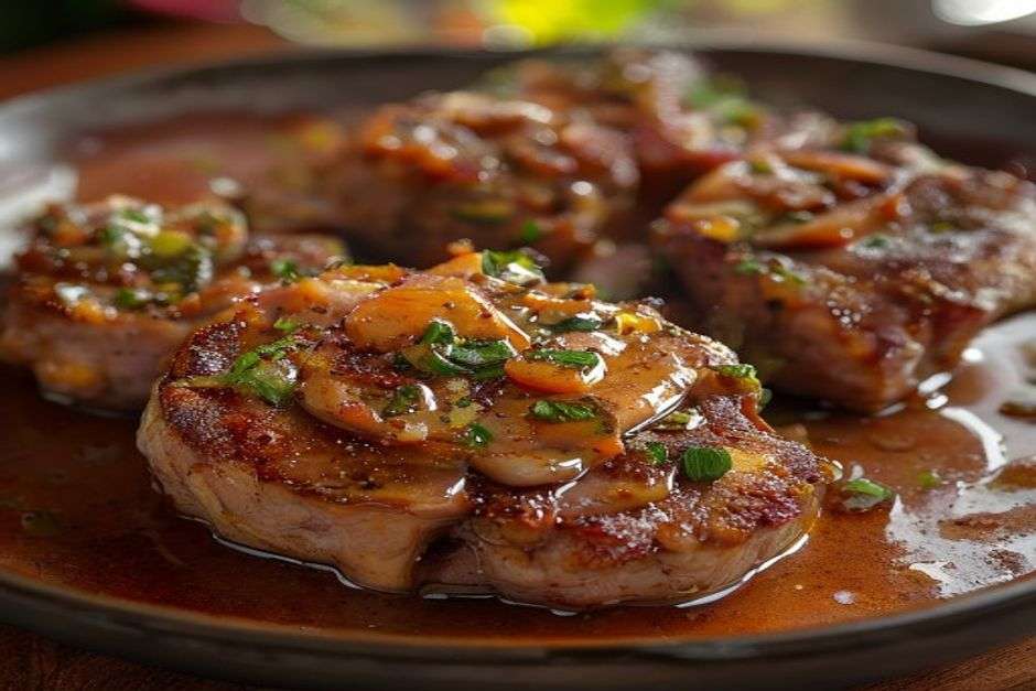 Pork chops smothered in caramelised onion gravy