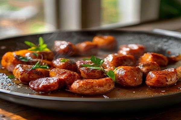 Browned breakfast sausage in a pan