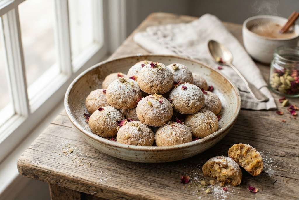 Gulab jamun-spiced snowball cookies dusted in sugar