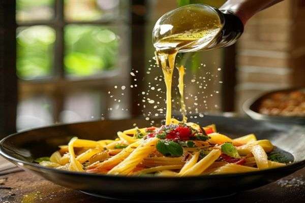 Italian vinaigrette being poured over pasta